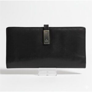 Gucci Vintage 80s Black Leather Long Continental Leather Wallet Silver Snap